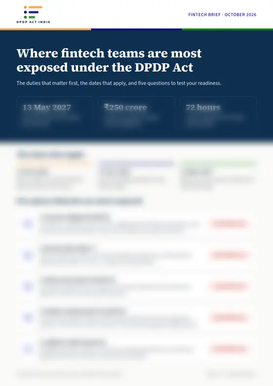 Blurred preview of page 1 of the Fintech DPDP Act Exposure Brief: title, key figures and the five exposure points
