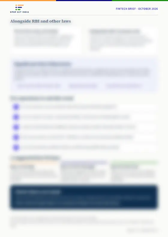 Blurred preview of page 2 of the brief: RBI overlap, Significant Data Fiduciaries, five self-check questions and a 90-day plan
